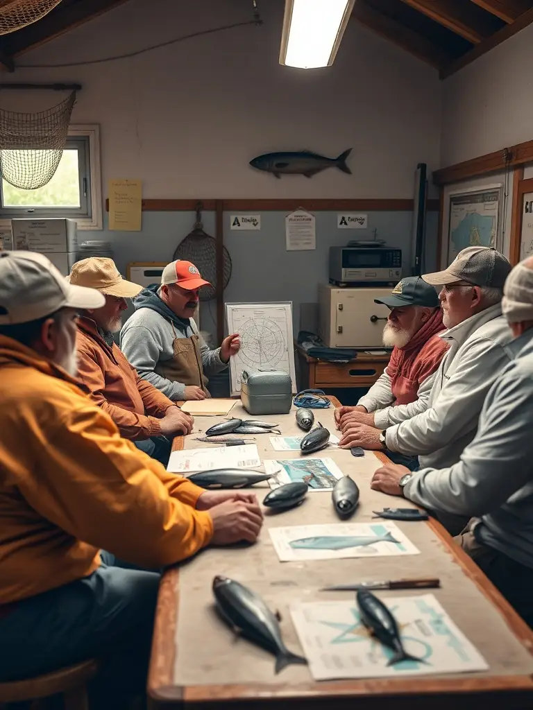 A group of local fishermen participating in a workshop on sustainable fishing techniques, learning about responsible fishing practices and conservation methods, demonstrating LES PECHEURS ANGERIENS' educational efforts.