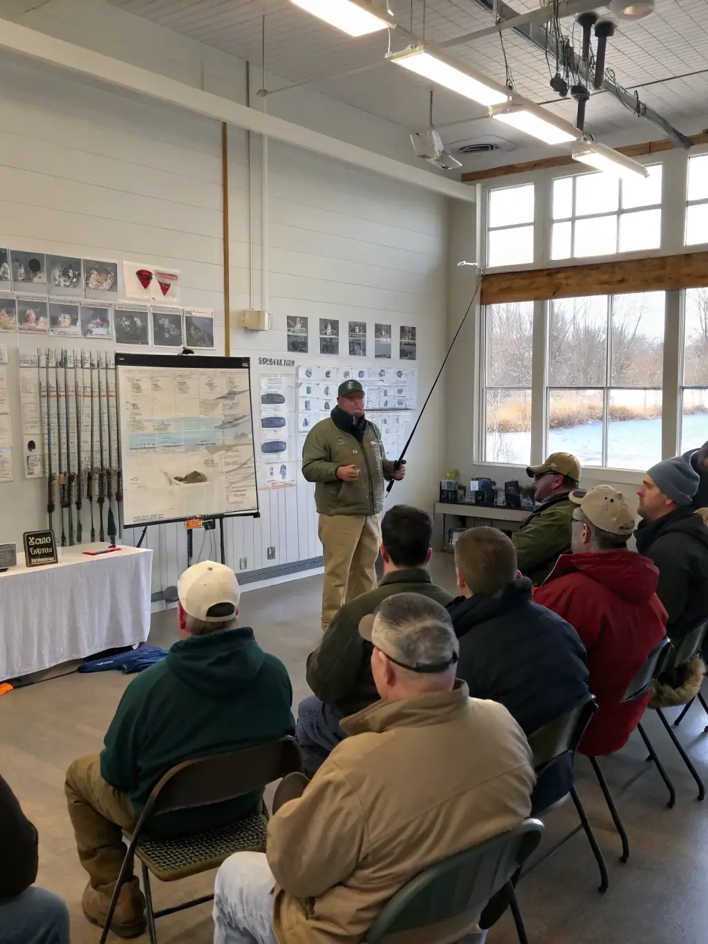 A photograph of a workshop where members of LES PECHEURS ANGERIENS are teaching local fishermen about sustainable fishing techniques.