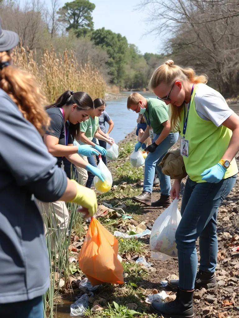 A photograph depicting volunteers from LES PECHEURS ANGERIENS participating in a river cleanup, removing debris and plastic waste from the riverbank, showcasing their commitment to environmental preservation.