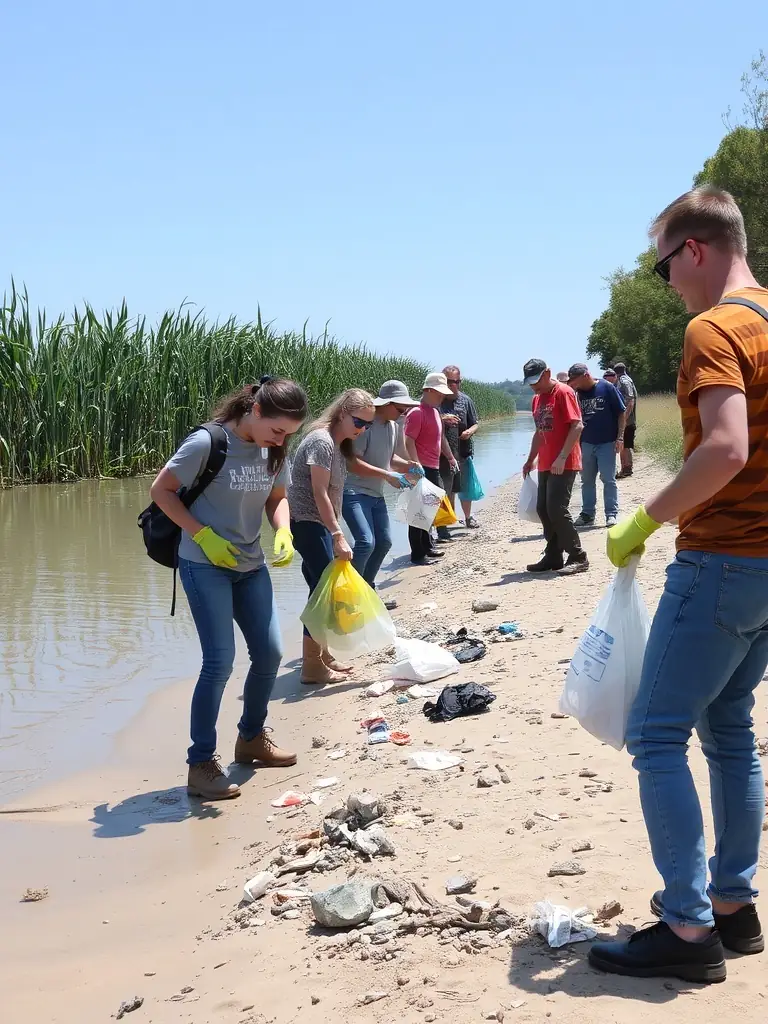 A photograph of volunteers cleaning up debris along the banks of the Charente River, showcasing LES PECHEURS ANGERIENS' commitment to preserving aquatic environments.