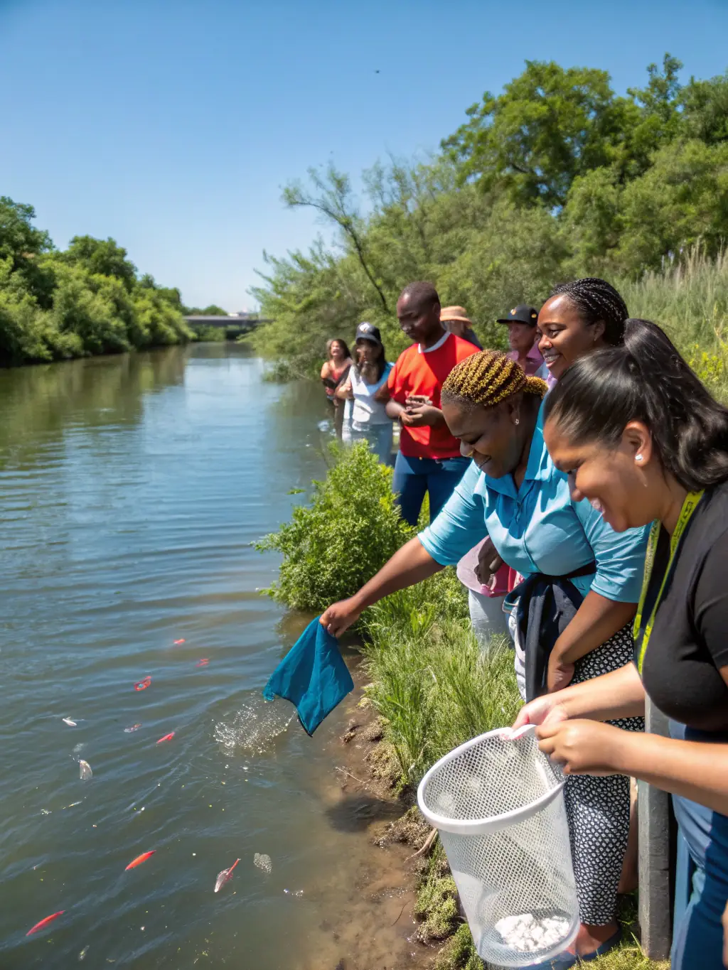 A photograph of LES PECHEURS ANGERIENS members releasing juvenile fish into a local river as part of their fish restocking program, aimed at boosting fish populations and biodiversity.