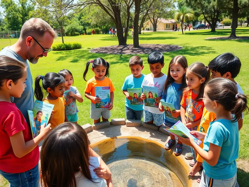 A group of children participating in an educational program organized by LES PECHEURS ANGERIENS, learning about the importance of protecting local waterways and the role of sustainable fishing.