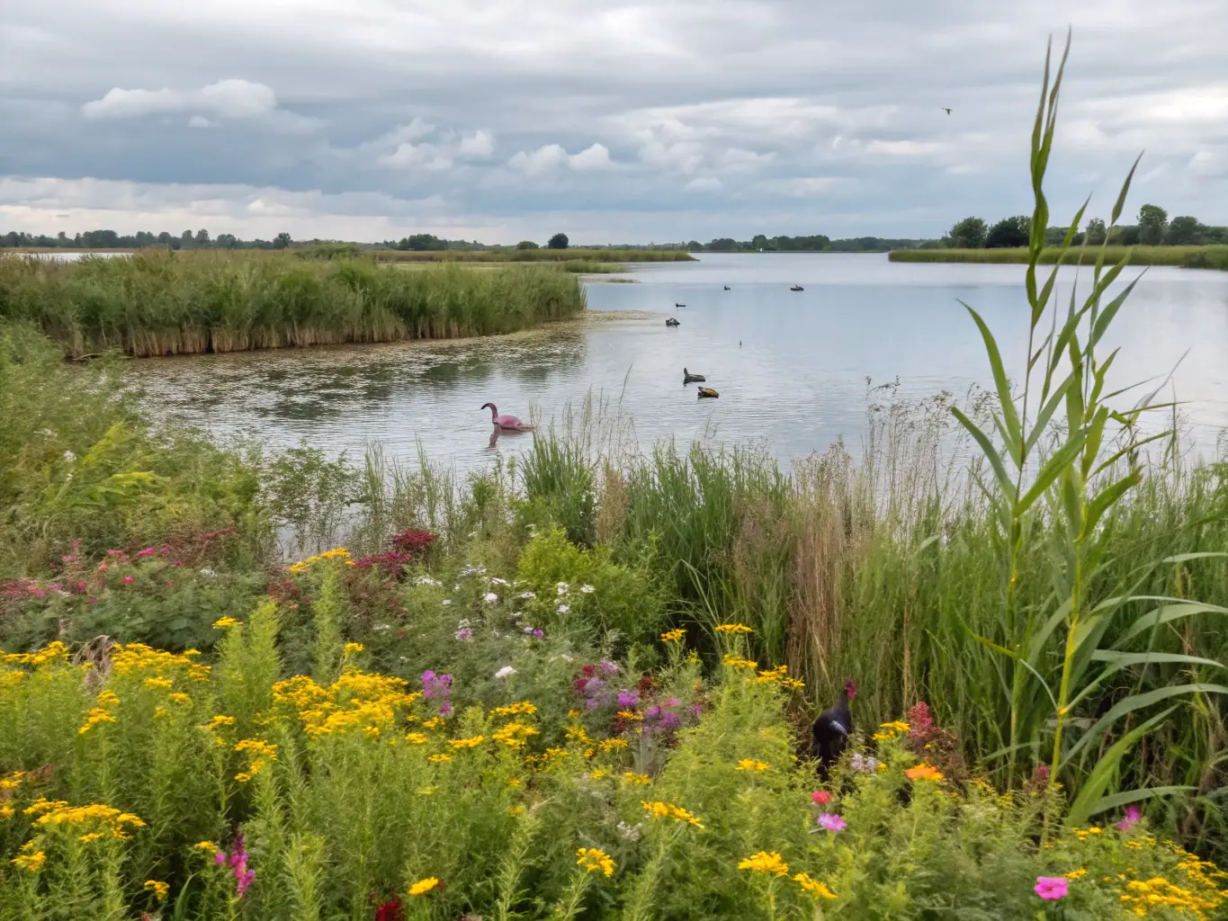 A vibrant image of a restored wetland area, teeming with diverse aquatic life, reflecting the positive impact of habitat restoration efforts.