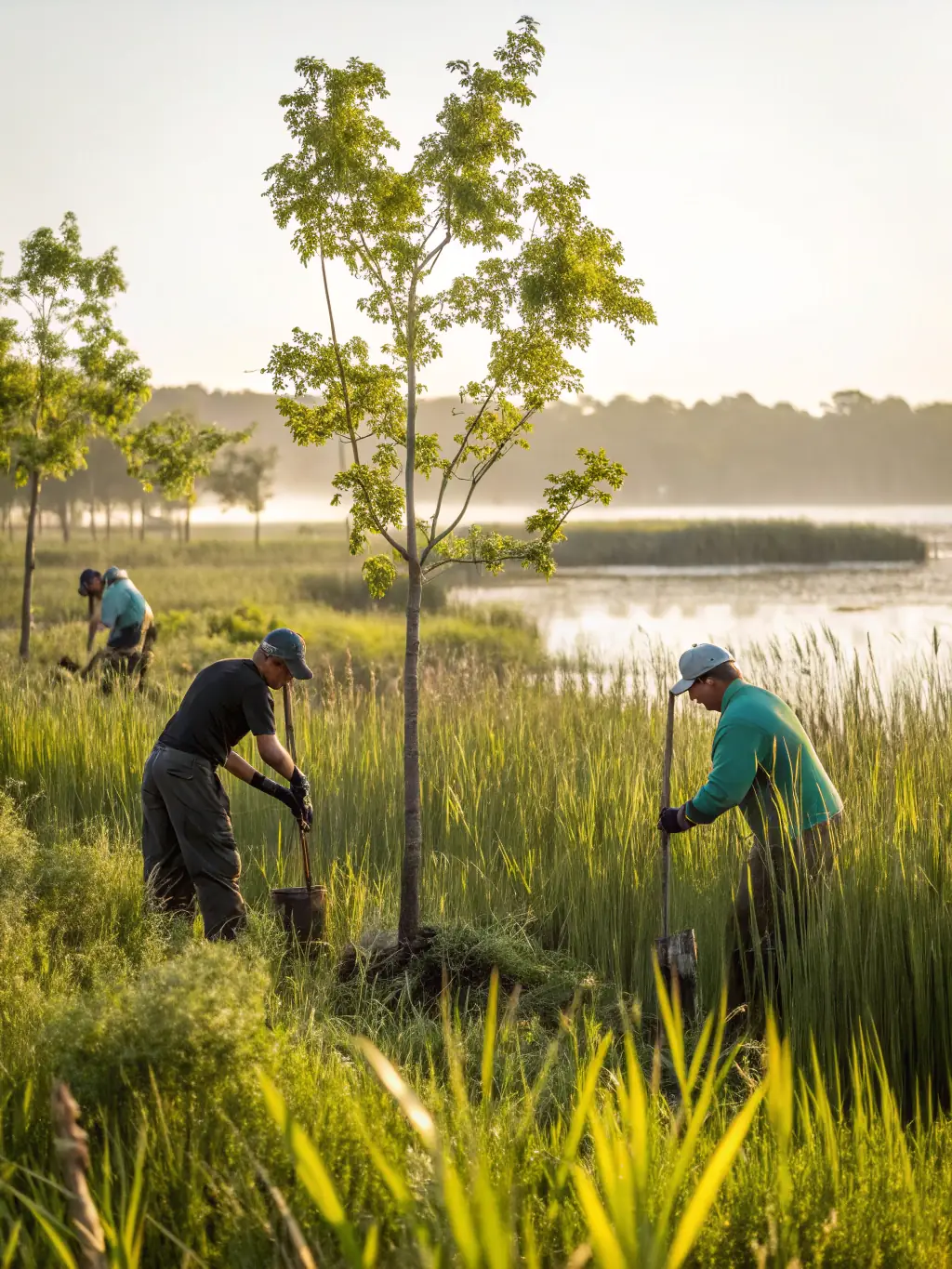 A photograph of LES PECHEURS ANGERIENS members working on a project to restore a local wetland area, creating a habitat for various aquatic species.