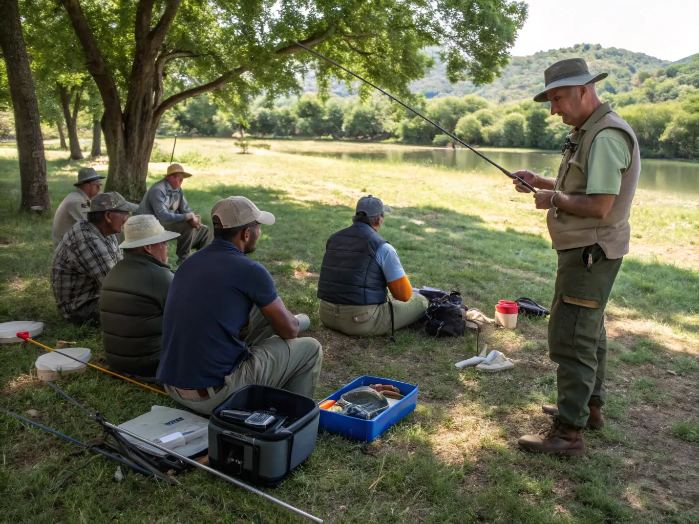 A vibrant image showing a community workshop where LES PECHEURS ANGERIENS members are teaching local fishermen about sustainable fishing techniques, with educational materials displayed in the background.