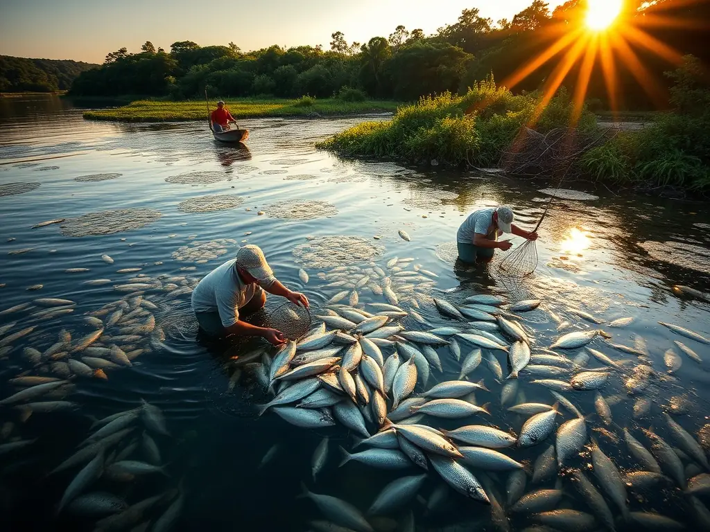 An image of local fishermen practicing sustainable fishing techniques along a serene riverbank, with lush greenery in the background.