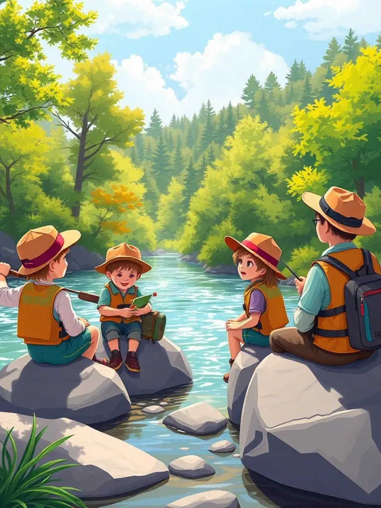 A photo of children participating in a fishing education program, learning about the importance of aquatic ecosystems and responsible fishing practices, highlighting LES PECHEURS ANGERIENS' community outreach.