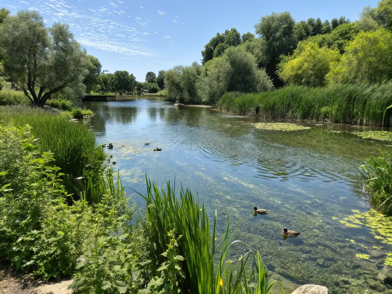 A picturesque scene of a clean river with diverse aquatic life, showcasing the positive impact of LES PECHEURS ANGERIENS' conservation efforts on the local ecosystem.