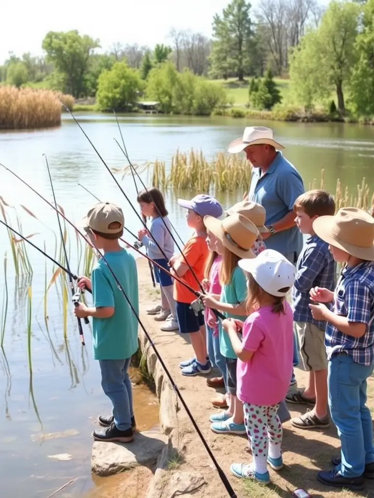 A photograph featuring LES PECHEURS ANGERIENS leading an educational tour for local school children, teaching them about the importance of aquatic ecosystems and sustainable fishing.
